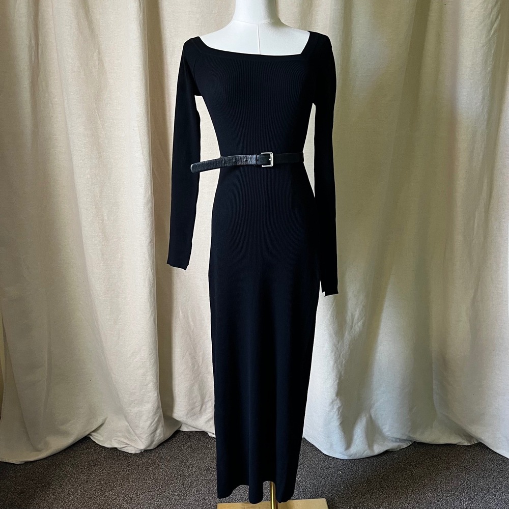 A.L.C. Black Ribbed Off Shoulder‎ Merino Wool Blend Midi Dress Size Small
